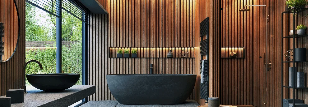 Modernes Badezimmer mit Holzvertäfelung